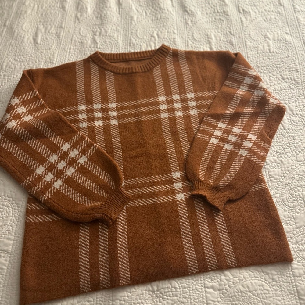 Brown and White Plaid Sweater